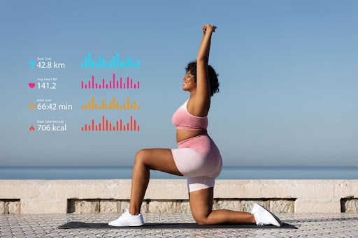 Woman in athletic wear performing a lunge exercise outdoors, with fitness tracking stats overlaid beside her