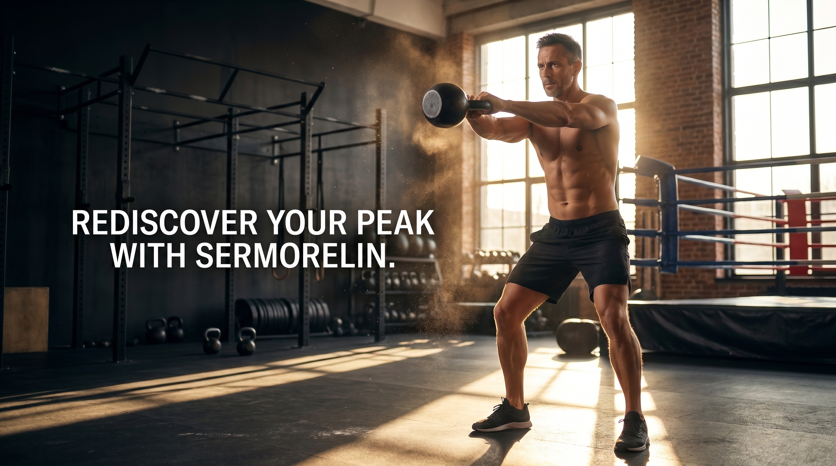 Athletic man performing a kettlebell swing in a gym, with the headline Rediscover Your Peak With Sermorelin overlaid.