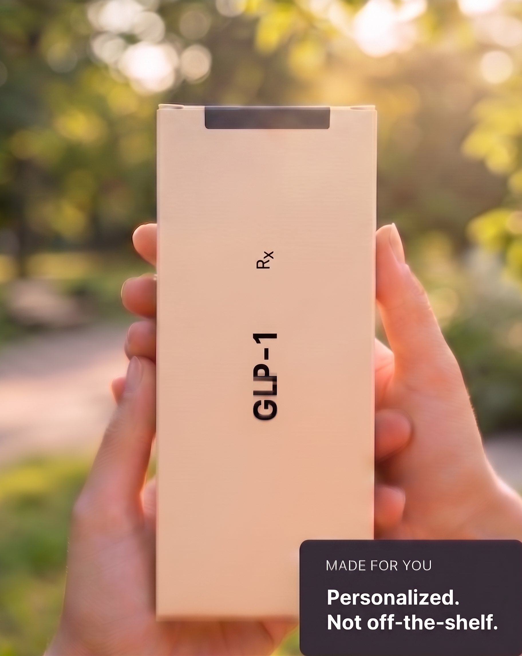 A hand holding a Choose Honey GLP-1 compounded prescription package outdoors, with a Made For You / Personalized callout card.