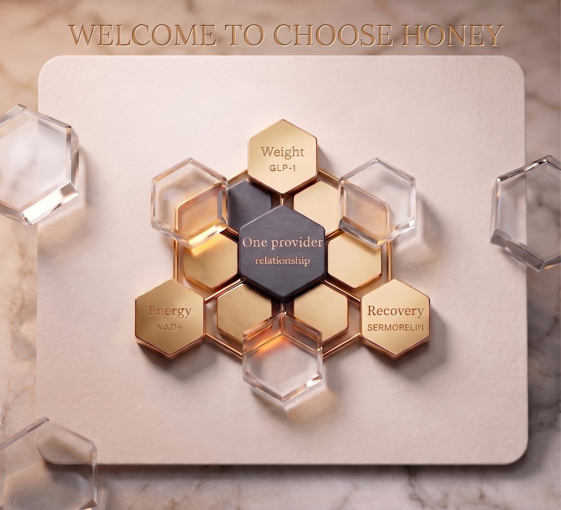 Welcome to Choose Honey. A honeycomb showing one provider relationship at the center connected to weight (GLP-1), energy (NAD+), and recovery (Sermorelin).